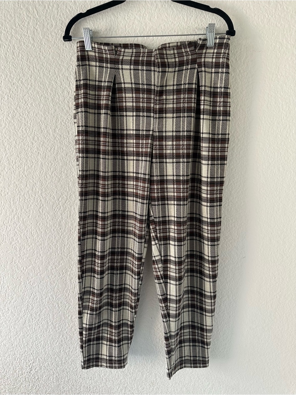 Free People Brecan Plaid High Waisted Trouser Pants Knit Tapered Cream Brown XS